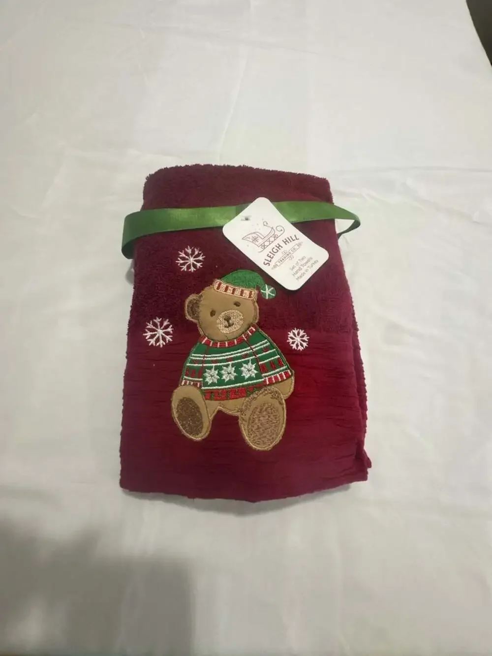 Sleigh Hill Christmas Holiday Bear Embroidered Red Hand Towel